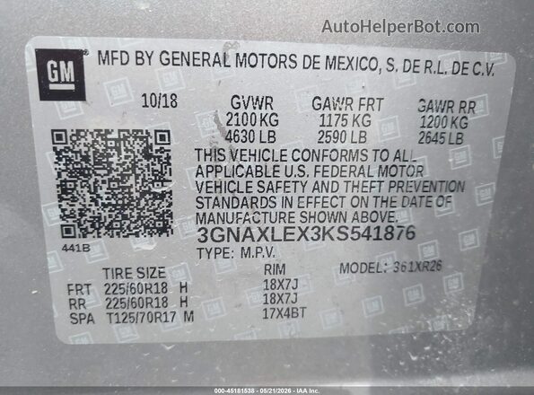 3GNAXLEX3KS541876 2019 CHEVROLET EQUINOX Gray ძრავის განყოფილების ხედი