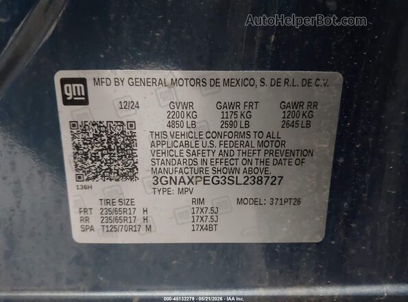 3GNAXPEG3SL238727 2025 CHEVROLET EQUINOX Blue Engine compartment view