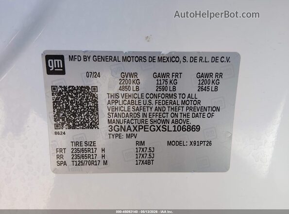 3GNAXPEGXSL106869 2025 CHEVROLET EQUINOX White Вид підкапотного простору