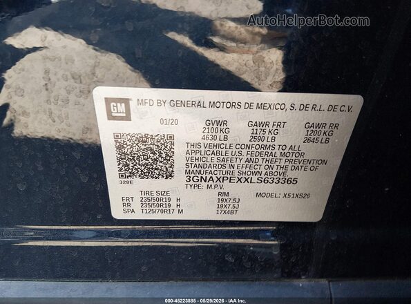 3GNAXPEXXLS633365 2020 CHEVROLET EQUINOX Black Vista del compartimento del motor