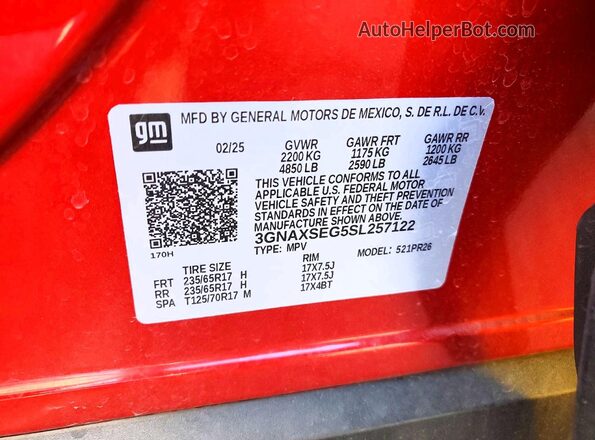 3GNAXSEG5SL257122 2025 CHEVROLET EQUINOX Red Вид наклейки з VIN-кодом
