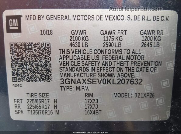 3GNAXSEV0KL207632 2019 CHEVROLET EQUINOX Blue Widok komory silnika