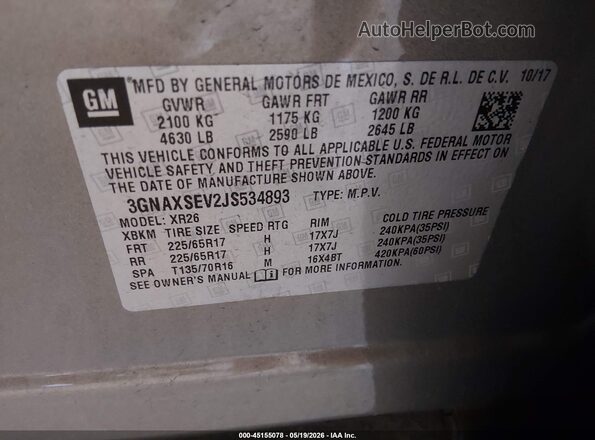 3GNAXSEV2JS534893 2018 CHEVROLET EQUINOX Gray ძრავის განყოფილების ხედი