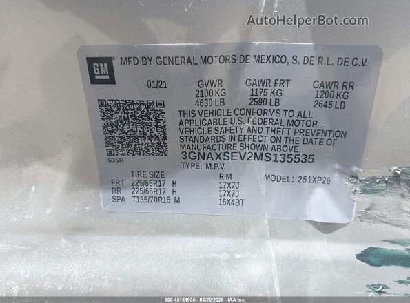 3GNAXSEV2MS135535 2021 CHEVROLET EQUINOX Серебряный Вид подкапотного пространства