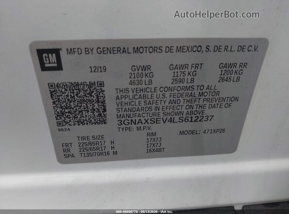 3GNAXSEV4LS612237 2020 CHEVROLET EQUINOX White 