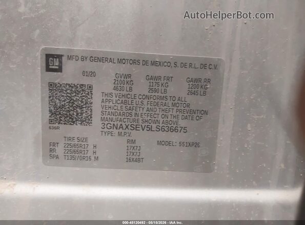 3GNAXSEV5LS636675 2020 CHEVROLET EQUINOX Silver 