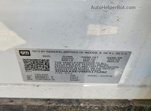 3GNAXSEV6MS175262 2021 CHEVROLET EQUINOX Silver 