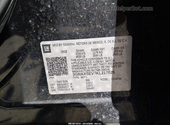 3GNAXSEV7KL217025 2019 CHEVROLET EQUINOX Black Vista del compartimento del motor