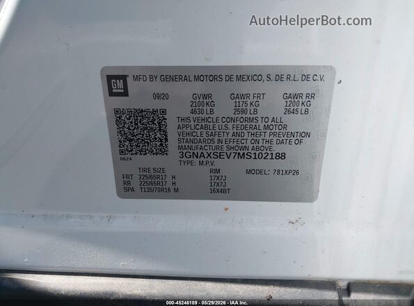 3GNAXSEV7MS102188 2021 CHEVROLET EQUINOX White Շարժիչի բաժամունքի տեսք