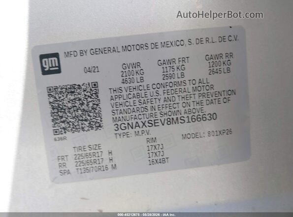 3GNAXSEV8MS166630 2021 CHEVROLET EQUINOX Серебряный Вид подкапотного пространства