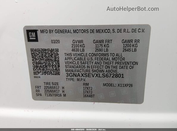 3GNAXSEVXLS672801 2020 CHEVROLET EQUINOX White 