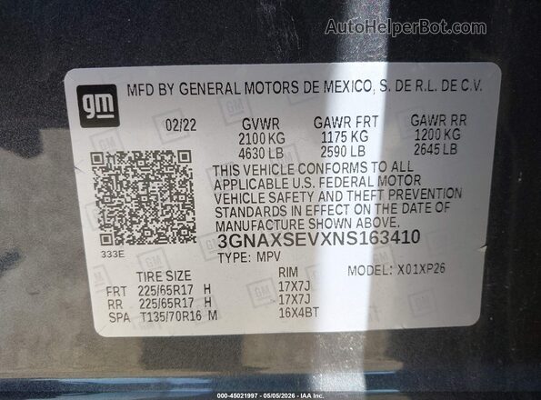 3GNAXSEVXNS163410 2022 CHEVROLET EQUINOX Серый 