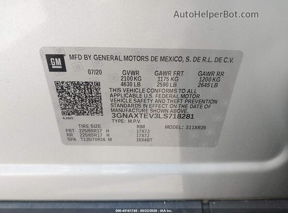 3GNAXTEV3LS718281 2020 CHEVROLET EQUINOX Silver Vista del compartimento del motor