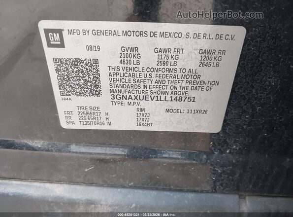 3GNAXUEV1LL148751 2020 CHEVROLET EQUINOX Черный 