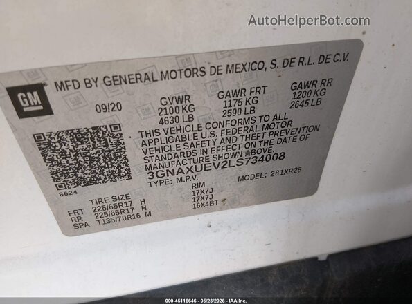 3GNAXUEV2LS734008 2020 CHEVROLET EQUINOX White ძრავის განყოფილების ხედი