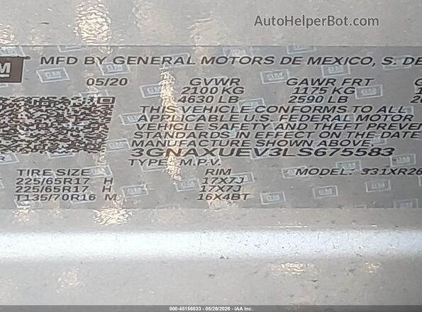 3GNAXUEV3LS675583 2020 CHEVROLET EQUINOX Silver ძრავის განყოფილების ხედი