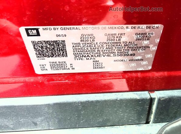 3GNAXUEV4LS503949 2020 CHEVROLET EQUINOX Red Vista de la etiqueta del VIN