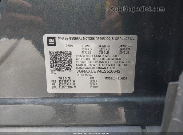 3GNAXUEV4LS510643 2020 CHEVROLET EQUINOX Серый 
