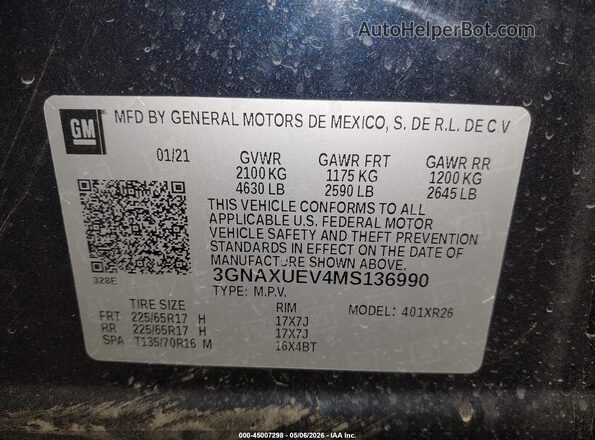 3GNAXUEV4MS136990 2021 CHEVROLET EQUINOX Blue 