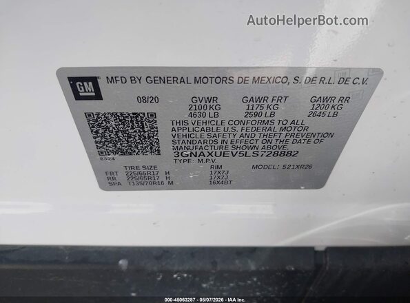 3GNAXUEV5LS728882 2020 CHEVROLET EQUINOX White Շարժիչի բաժամունքի տեսք