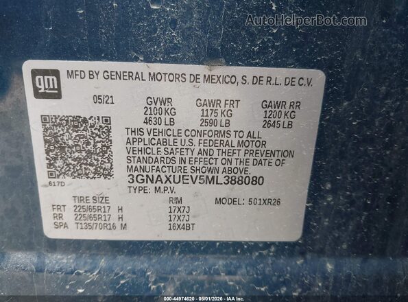 3GNAXUEV5ML388080 2021 CHEVROLET EQUINOX Blue Engine compartment view