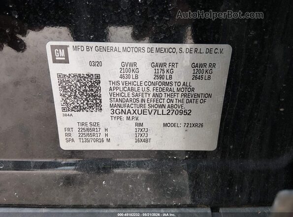 3GNAXUEV7LL270952 2020 CHEVROLET EQUINOX Black ძრავის განყოფილების ხედი