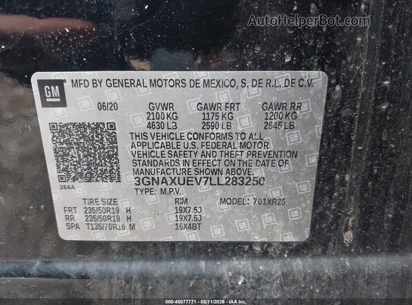 3GNAXUEV7LL283250 2020 CHEVROLET EQUINOX Black 