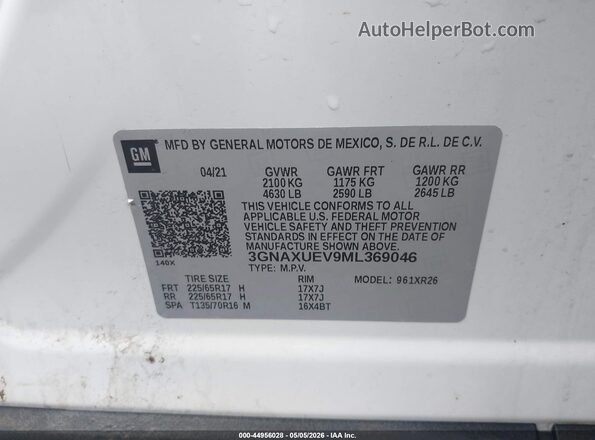 3GNAXUEV9ML369046 2021 CHEVROLET EQUINOX White Engine compartment view