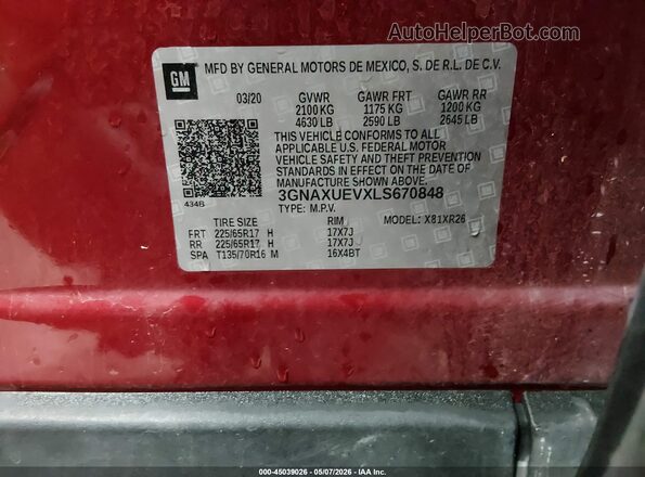 3GNAXUEVXLS670848 2020 CHEVROLET EQUINOX Красный 