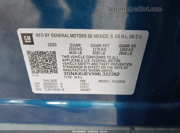 3GNAXUEVXML322382 2021 CHEVROLET EQUINOX Blue 