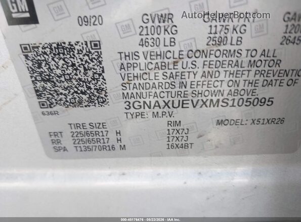 3GNAXUEVXMS105095 2021 CHEVROLET EQUINOX Silver Engine compartment view