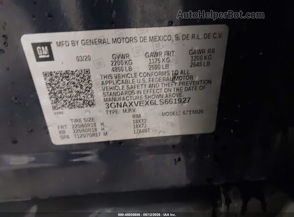 3GNAXVEX6LS661927 2020 CHEVROLET EQUINOX Blue 