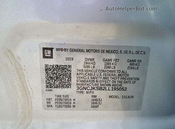 3GNCJKSB2LL195053 2020 CHEVROLET TRAX Серебряный Вид наклейки с VIN-кодом