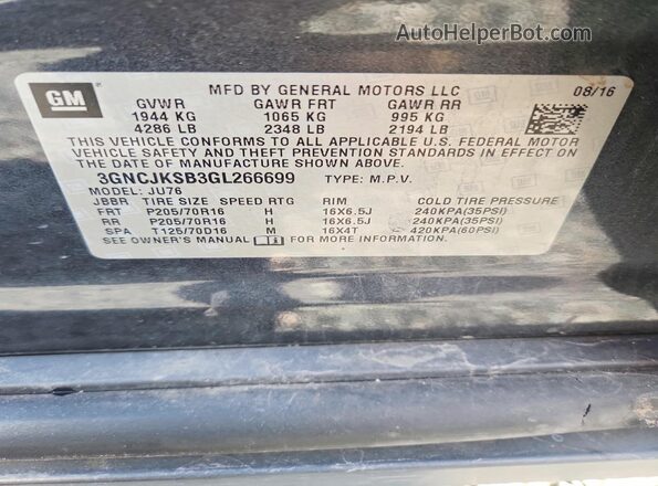 3GNCJKSB3GL266699 2016 CHEVROLET TRAX Gray 