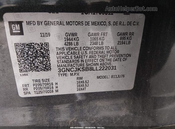 3GNCJKSB8LL222031 2020 CHEVROLET TRAX Gray Engine compartment view