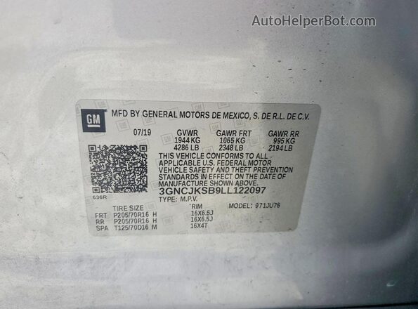 3GNCJKSB9LL122097 2020 CHEVROLET TRAX Silver Engine compartment view