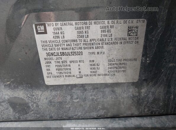 3GNCJLSB0JL325320 2018 CHEVROLET TRAX Gray 