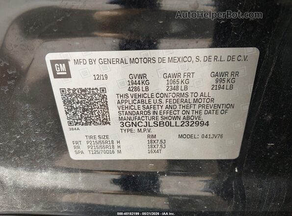 3GNCJLSB0LL232994 2020 CHEVROLET TRAX Black ძრავის განყოფილების ხედი