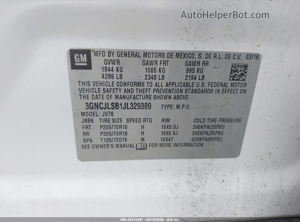 3GNCJLSB1JL329389 2018 CHEVROLET TRAX White 