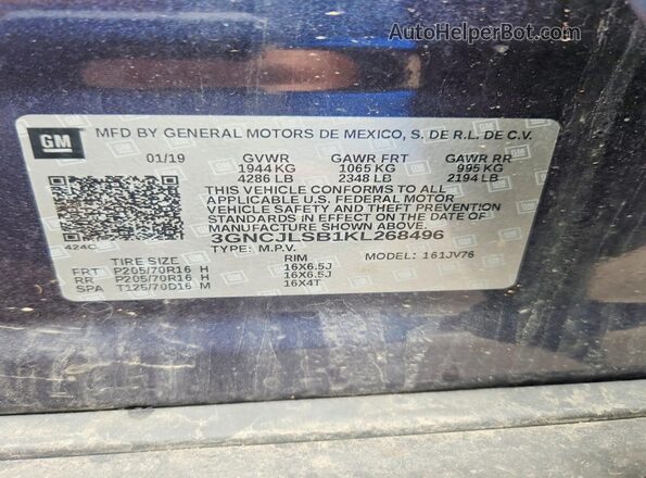3GNCJLSB1KL268496 2019 CHEVROLET TRAX Blue 