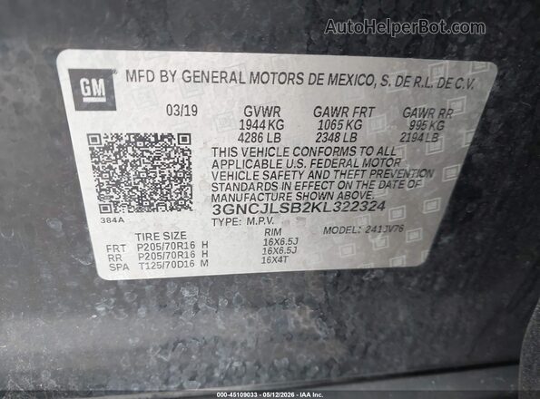 3GNCJLSB2KL322324 2019 CHEVROLET TRAX Black Շարժիչի բաժամունքի տեսք