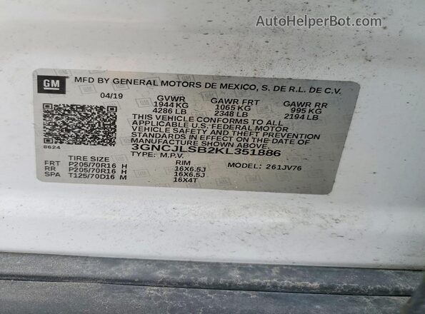 3GNCJLSB2KL351886 2019 CHEVROLET TRAX White Вид наклейки з VIN-кодом