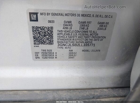 3GNCJLSB2LL335771 2020 CHEVROLET TRAX Silver Շարժիչի բաժամունքի տեսք