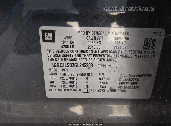 3GNCJLSB3GL245289 2016 CHEVROLET TRAX Gray 