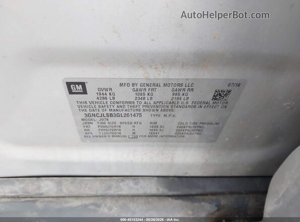 3GNCJLSB3GL261475 2016 CHEVROLET TRAX Silver Вид підкапотного простору