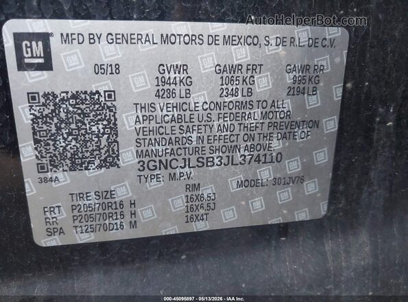 3GNCJLSB3JL374110 2018 CHEVROLET TRAX Black Вид підкапотного простору