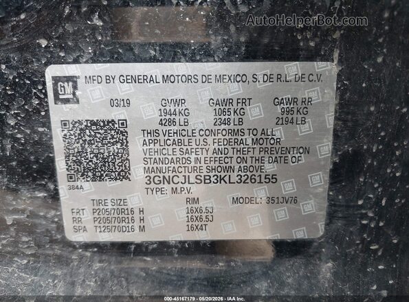 3GNCJLSB3KL326155 2019 CHEVROLET TRAX Black 