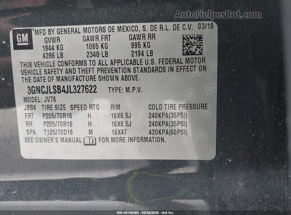 3GNCJLSB4JL327622 2018 CHEVROLET TRAX Gray Вид підкапотного простору