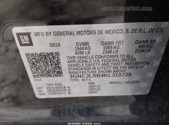 3GNCJLSB4KL310725 2019 CHEVROLET TRAX Black Շարժիչի բաժամունքի տեսք