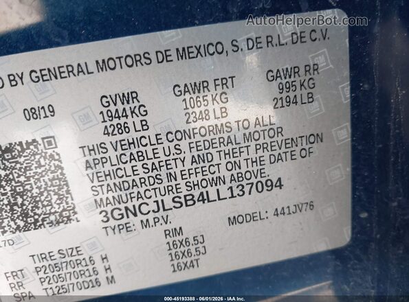 3GNCJLSB4LL137094 2020 CHEVROLET TRAX Blue Vista del compartimento del motor